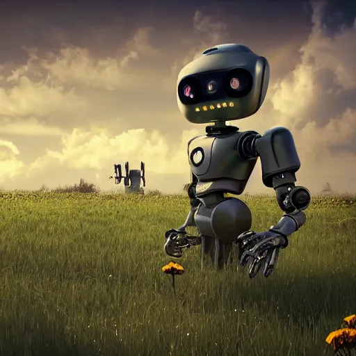 Prompt: robot with little girl collect flowers in the field, steampunk, cyberpunk, 4k, hyperrealistic, focused, high detail, unreal engine 5, cinematic