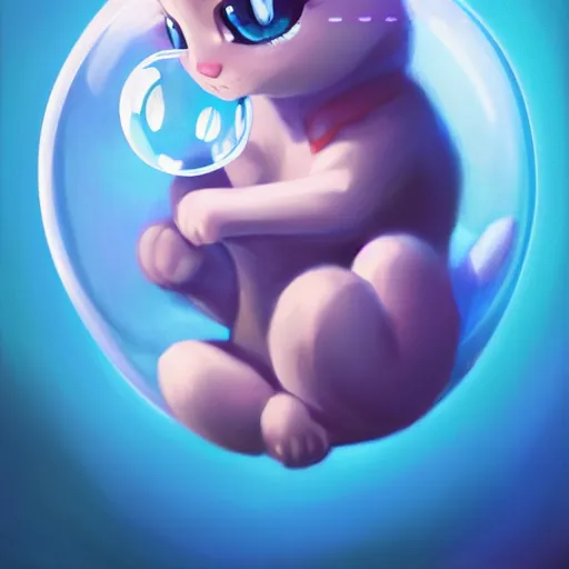 Image similar to cinematic portrait of cute Mew riding large blue bubble, oil on canvas, masterpiece, trending on artstation, featured on pixiv, cinematic composition, dramatic pose, beautiful lighting, sharp, details, hyper-detailed, HD, HDR, 4K, 8K