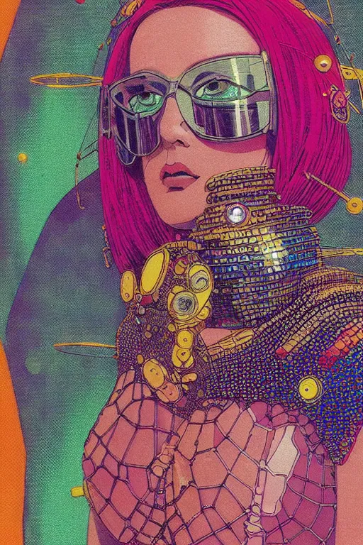 Image similar to risograph grainy drawing vintage sci - fi, satoshi kon color palette, gigantic beautiful bejeweled armored woman full - body covered in colourful gems, 1 9 6 0, kodak, metal wires, natural colors, codex seraphinianus painting by moebius and satoshi kon and alberto mielgoб extreme close - up portrait