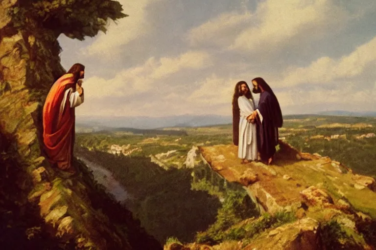 Prompt: a unique old analog color photo of jesus and mary magdalene standing on a cliff looking over a beautiful landscape in france, rennes - le - chateau, award winning photo, very detailed, cinematic