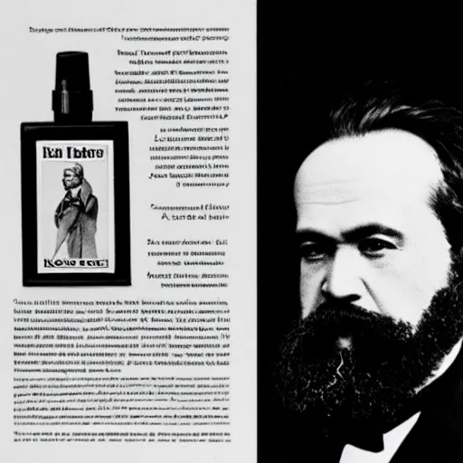 Prompt: karl marx cologne advertisement, black and white