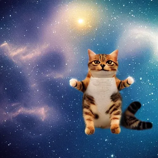 Image similar to a happy cat in a space shuttle waving to the world