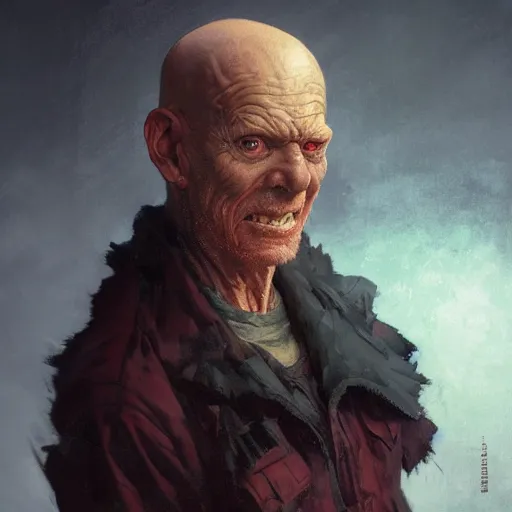 Image similar to portrait of a red bald man with black eyes and a black teeth, horror, glowing eyes, by Stanley Artgerm Lau , greg rutkowski, thomas kindkade, alphonse mucha, loish, norman rockwell. Trending on artstation detailed illustration hd 4k