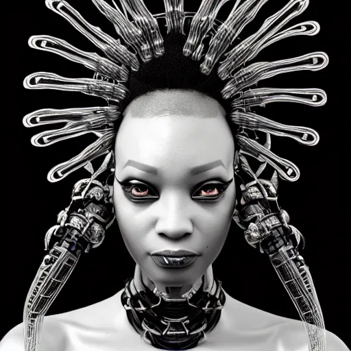Image similar to portrait of an absurdly beautiful, graceful, sophisticated, fashionable black cyberpunk mechanoid gravure idol, ultrafine hyperdetailed illustration by irakli nadar, matt wisniewski style, marvel comics, intricate linework, ebony skin, neon jellyfish headdress, ivory carved ruff, unreal engine 5 highly rendered, global illumination, radiant light, detailed and intricate environment