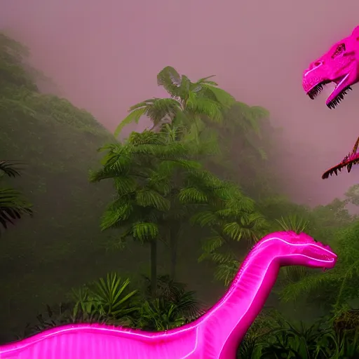 Prompt: unreal engine hyperreallistic render 8k of a bright neon fuschia pink trex tyrannosaurus rex dinosaur in the misty jungle action shot