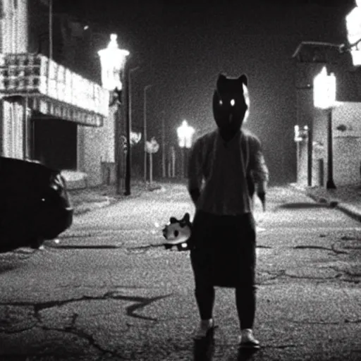 Prompt: film still of a bloodied psycho killer with a hello kitty mask walking on an empty street beneath a lamp, grainy, horror movie, creepy, eerie, dark, great cinematography, amazing lighting, directed by scott derrickson