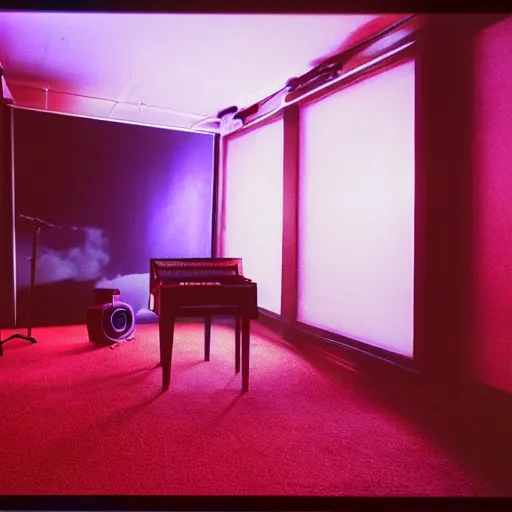 Image similar to dimly lit music studio, cigarette smoke haze, cinematic lighting, warm colors, shag carpet, 1970's