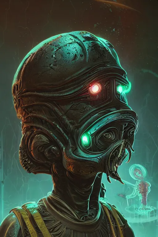 Prompt: rick and morty fused with lovecraft and vader helmet and predator, portrait, high details, intricate details, by vincent di fate, artgerm julie bell beeple, 90s, Smooth gradients, octane render, 8k, volumetric lightning, High contrast, depth of field, very coherent symmetrical artwork