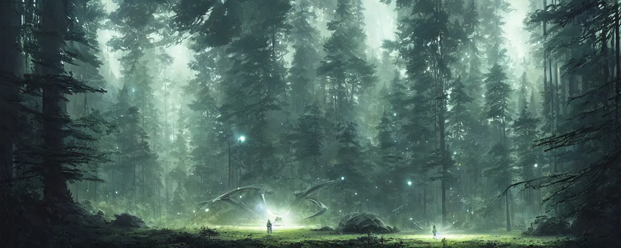 Image similar to a spaceship lost in the forest, detailed digital art by greg rutkowski.