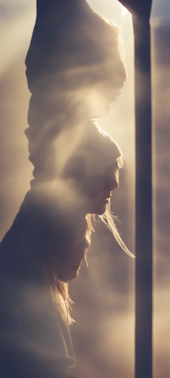 Image similar to very very beautiful photograph of emily skinner looking like annie leonhart in a hoodie standing next to a window god rays shining on her from the sunlight, volumetric fog, smoke, depth of field, beautiful composition, very very very beautifull face, on artstation and instagram, ray tracing