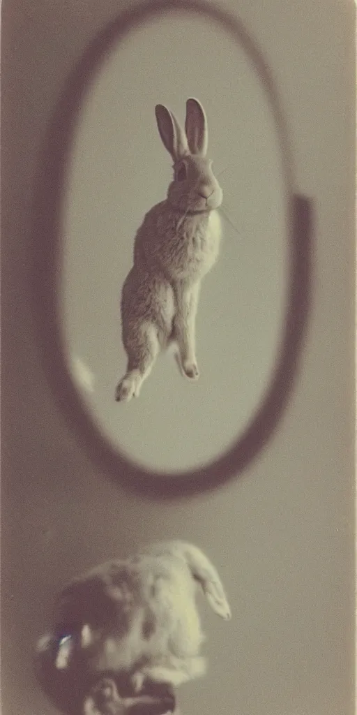 Image similar to a rabbit looking into a mirror, polaroid,