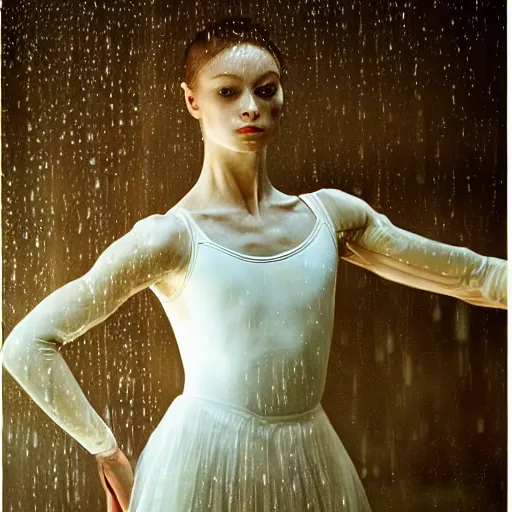 Image similar to portrait of a ballerina with a beautiful porcelain face, rain, cinematic light and reflections, beautiful dreamy lighting, photographed by annie leibovitz,