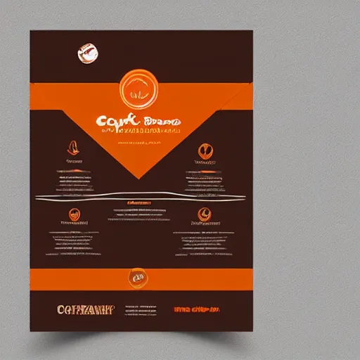 Prompt: square shaped flyer design for a coffee bean company, layout design, dark brown and orange colour palette, template layout