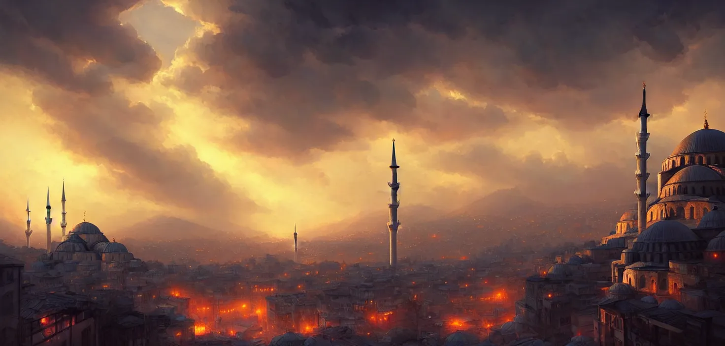 Image similar to istanbul, cinematic view, epic sky, detailed, concept art, low angle, high detail, warm lighting, volumetric, godrays, vivid, beautiful, trending on artstation, by jordan grimmer, huge scene, art greg rutkowski