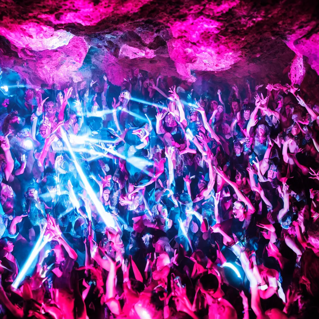 Image similar to cinematic shot of a goth disco nightclub in a cave, knives made of pink lasers and blue crystals forming the shape of a sphere, goth people dancing, 8k photograph