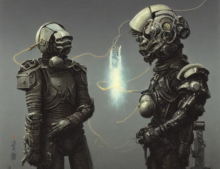 Image similar to a detailed portrait painting of a bounty hunter in combat armour and visor. cinematic sci-fi poster. Flight suit and wires, accurate anatomy. Samurai influence, fencing armour. portrait symmetrical and science fiction theme with lightning, aurora lighting. clouds and stars. Futurism by beksinski carl spitzweg moebius and tuomas korpi. baroque elements. baroque element. intricate artwork by caravaggio. Oil painting. Trending on artstation. 8k