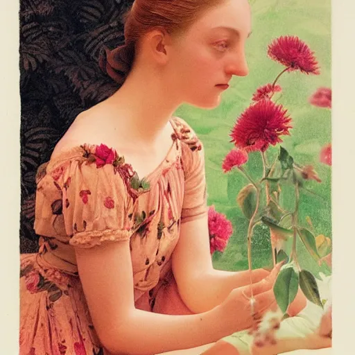 Image similar to a lot of flowers morphing in a beautiful girls face, film still by wes anderson, depicted by balthus, limited color palette, very intricate, art nouveau, highly detailed, lights by hopper, soft pastel colors, minimalist