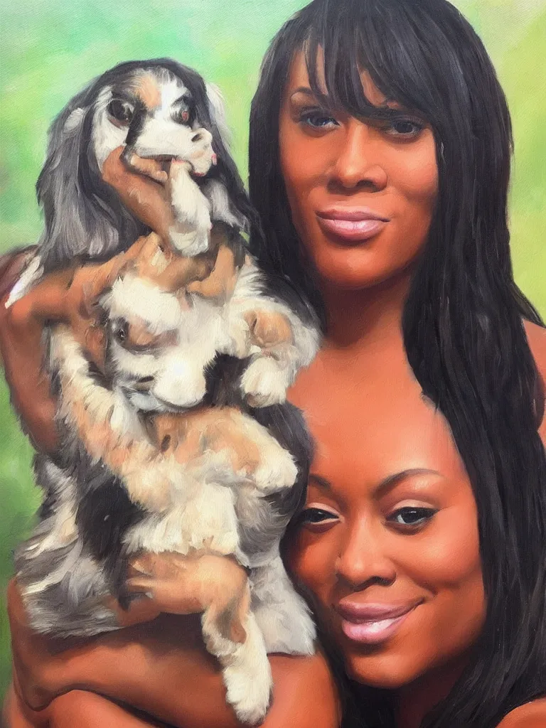 Image similar to “A beautiful oil painting of Megan-the-stallion holding a small dog with Dwayne Johnson’s head, trending on art station, digital art”
