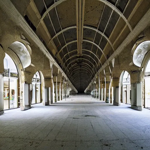 Prompt: liminal photograph of a massive cavernous abandoned mall cathedral, wide angle lens, landscape