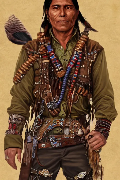 Prompt: deadlands character portrait of a thin native american indian man in his early 3 0 s, wearing traditional cargo buckskin jacket buckskin tactical toolbelt pockets bandolier full of trinket and baubles, steampunk arcane shaman, weird west, by steve henderson, sandra chevrier, alex horley