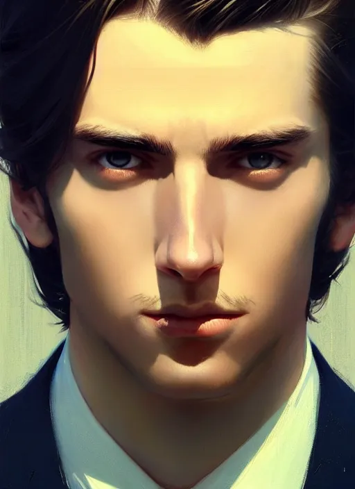 Image similar to a man in his twenties, handsome, long hair, suit ， perfect face, symmetric eyes, sharp focus, specular reflection, occlusion shadow, artstation, by ilya kuvshinov and jeremy lipking, light novel cover art, 3 d epic illustrations, symmetric body