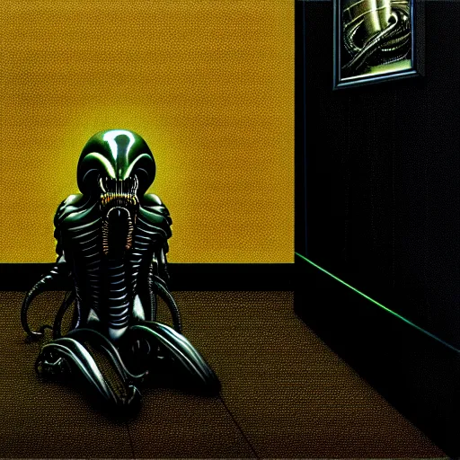 Image similar to black glossy xenomorph, alien movie, endless empty office building, pale yellow wallpaper, moist brown carpet, dim fluorescent lighting, artstation, ultra detailed, creepy, dramatic lighting, photorealistic, art by h. r. giger