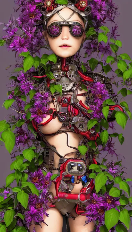 Image similar to full body head to toe portrait of a flowerpunk sci-fi cyborg spy, third person, D&D, sci-fi fantasy, intricate, red VR goggles, lily and clematis vines and sunflower, highly detailed, art by Range Murata, highly detailed, 3d, octane render, bright colors, digital painting, trending on artstation, sharp focus, illustration style of Stanley Artgerm, dramatic background