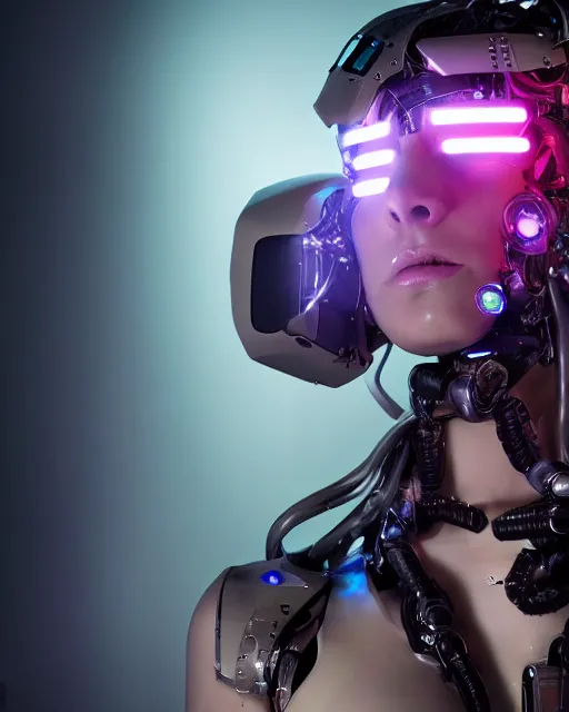 Image similar to photo of soulful female as a cyberpunk mecha humanoid robotic head and face parts with straight bright led lights, small light emitting cables, under a shower, wet skin with water dripping down face, ultra - realistic and detailed, long exposure 8 k