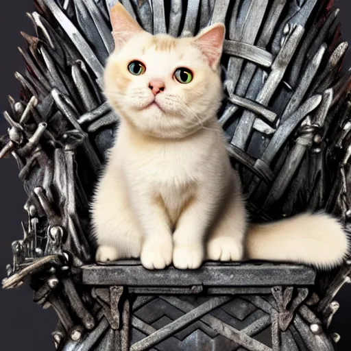 Prompt: a cute cat sitting on the iron throne. high definition