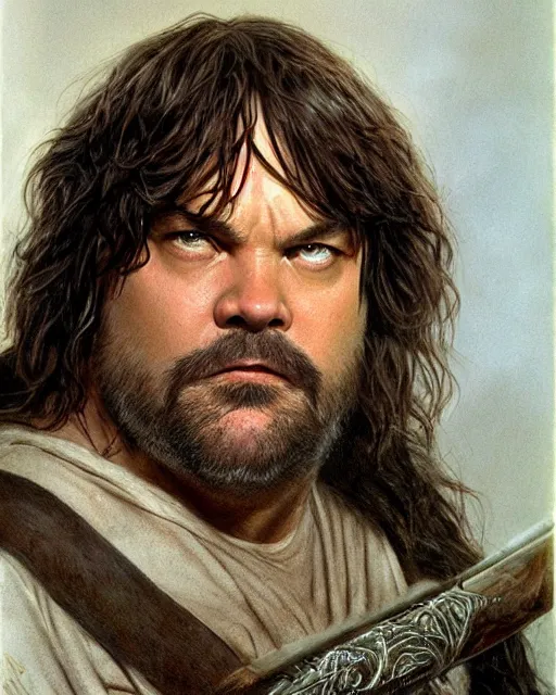 Image similar to jack black as Aragorn by Alan Lee, sunset, concept art, detailed clothing, art station, matte painting