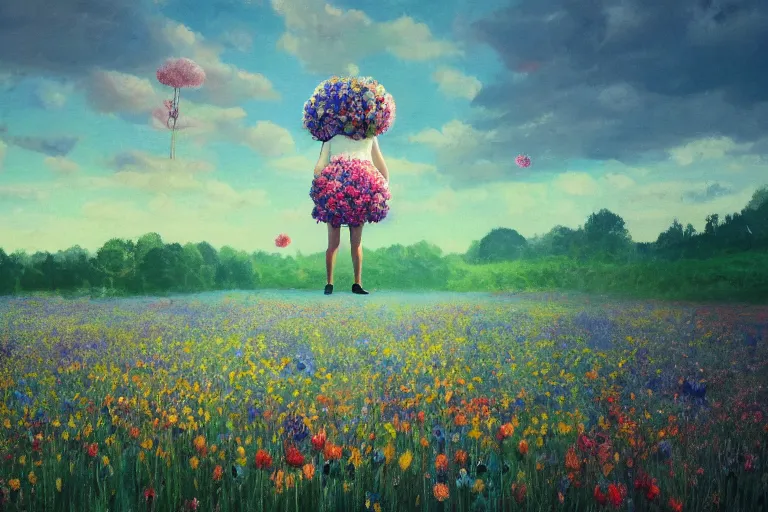 Image similar to closeup, giant flower head, girl in suit floating above field of flowers, surreal photography, sunrise, blue sky, dramatic light, impressionist painting, digital painting, artstation, simon stalenhag