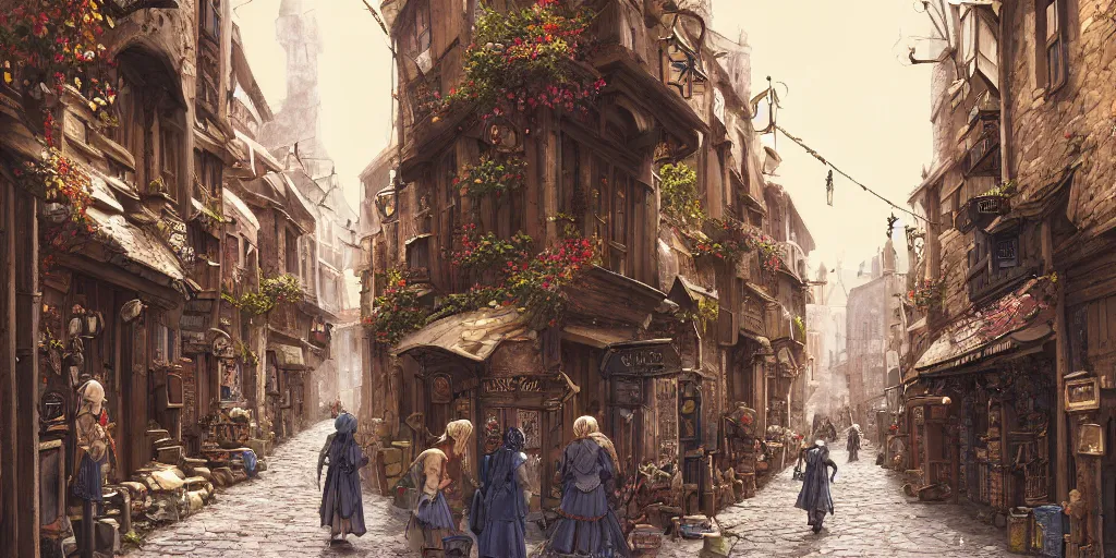 Image similar to a busy fantasy street looking down one street within a fascinating old city, quirky shops, narrow streets, old buildings, cobblestones on the ground, stone steps, street life, by Sylvain Sarrailh, single street, cinematic, simple but effective composition, clean lines, beautiful digital painting, oil painting, detailed, dungeons and dragons, lord of the rings