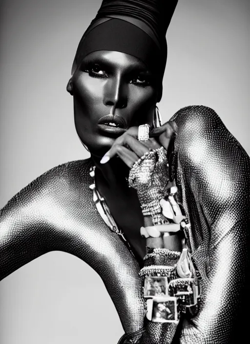 Image similar to grace jones styled by nick knight posing set pieces, intricate set, vogue magazine, canon, highly realistic. high resolution. highly detailed. dramatic. 8 k. 4 k.