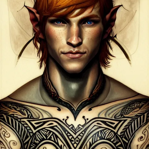 Prompt: portrait painting of an elven young man with short ginger hair and tribal tattoos wearing light armor, sharp focus, award - winning, trending on artstation, masterpiece, highly detailed, intricate. art by rebecca guay