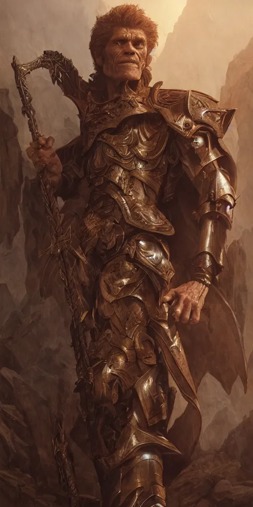 Image similar to willem dafoe, nomad paladin, muscular and very strong, dungeons and dragons, masterpiece by edgar maxence and ross tran and michael whelan, gustav dore, 8 k, octane render