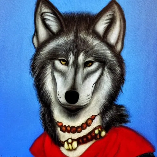 Prompt: retarded wolf portrait, frida style