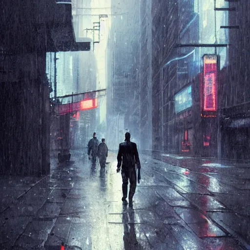 Image similar to a man standing in a cyberpunk street the men's casual walking the background is the cyberpunk city and it's raining by greg rutkowski