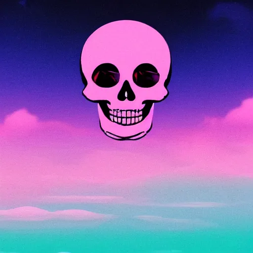 Image similar to white skull hovering over a pink ocean witha a purple sky, synthwave vaporwave