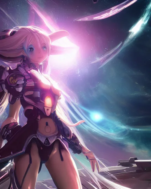 Image similar to photo of anime girl on a mothership, warframe armor, beautiful face, scifi, nebula, futuristic background, galaxy, raytracing, dreamy, focused, sparks of light, pure, long white hair, blue cyborg eyes, glowing, 8 k high definition, insanely detailed, intricate, innocent, art by akihiko yoshida, li zixin, woo kim