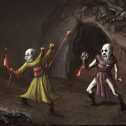 Image similar to the undead minions of the evil king pursue the ghost into the cave