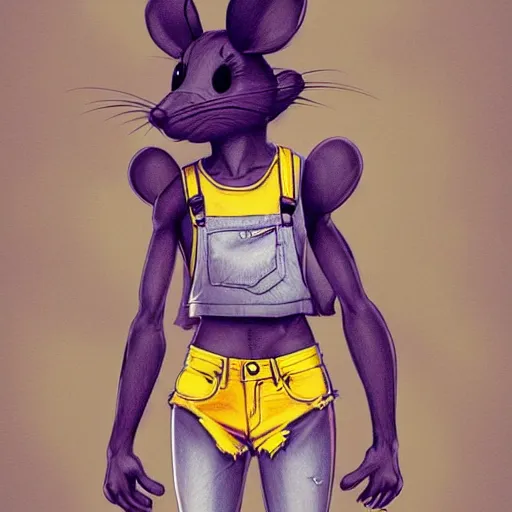 Image similar to anthropomorphic mouse wearing denim short shorts and yellow tank top, highly detailed, artgerm style, artstation, soft light, sharp focus, illustration, character design, concept art