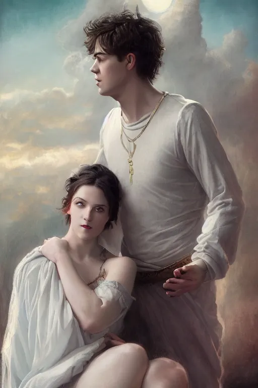 Prompt: a portrait of handsome young male nordic Satan and his elegant beautiful nordic cultist wife, bored, illustration, dramatic lighting, soft details, painting oil on canvas, art nouveau, octane render, HDR, 4k, 8k, HD, by Edmund Blair Leighton, Brom, Charlie Bowater, trending on artstation, faces by Tom Bagshaw, Sargent