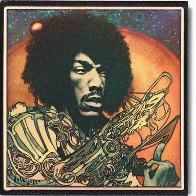 Image similar to polaroid of a vintage record cover by Franklin Booth showing a portrait of Jimi Hendrix as a futuristic space shaman, Alphonse Mucha background, psyadelic art, star map, smoke, sciFi