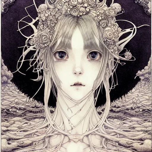 Prompt: prompt: Fragile looking vessel portrait soft light drawn by Vania Zouravliov and Takato Yamamoto, inspired by Fables, ancient crown, magical and alchemical weapons, soft light, white background, intricate detail, intricate ink painting detail, sharp high detail, manga and anime 2000