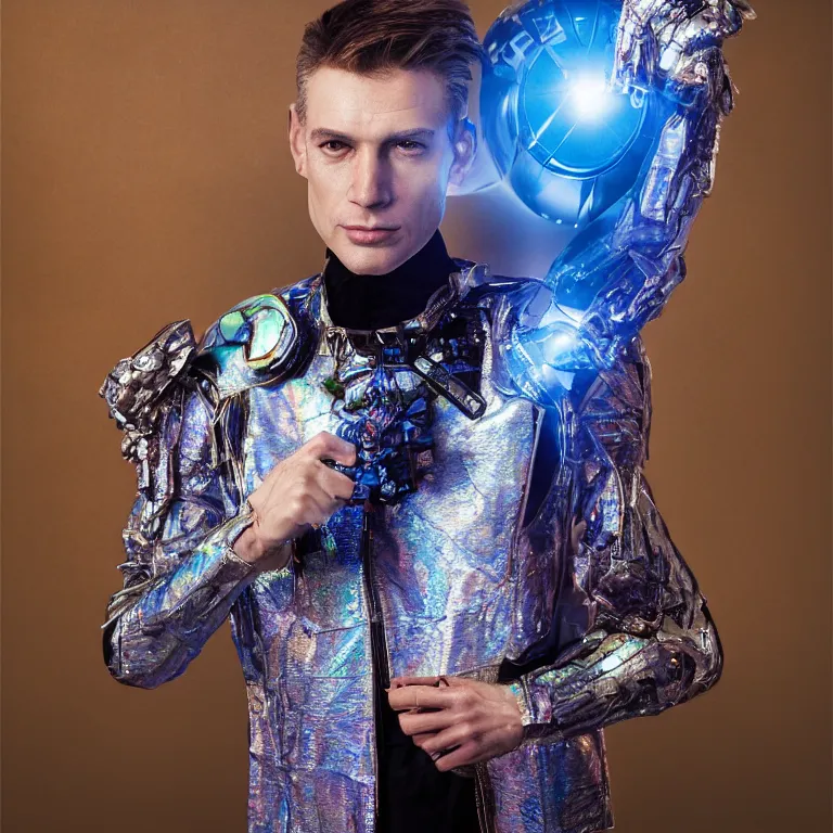 Image similar to high fashion photoshoot octane render portrait by wayne barlow and carlo crivelli and glenn fabry, a distinguished sci - fi futuristic cyborg wizard wearing a clear plastic iridescent jacket and holding a magical critter while standing inside a futuristic beautiful boutique hotel lobby, very short depth of field, bokeh