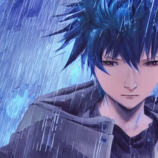 Prompt: a blue haired boy standing in the rain. character design. gesture drawing. line of action. official art, concept art. tetsuya nomura. final fantasy. shigenori soejima ray tracing hdr. 8 k. uhd. sharp focus. close up. highly detailed. masterpiece. cinematic lighting..