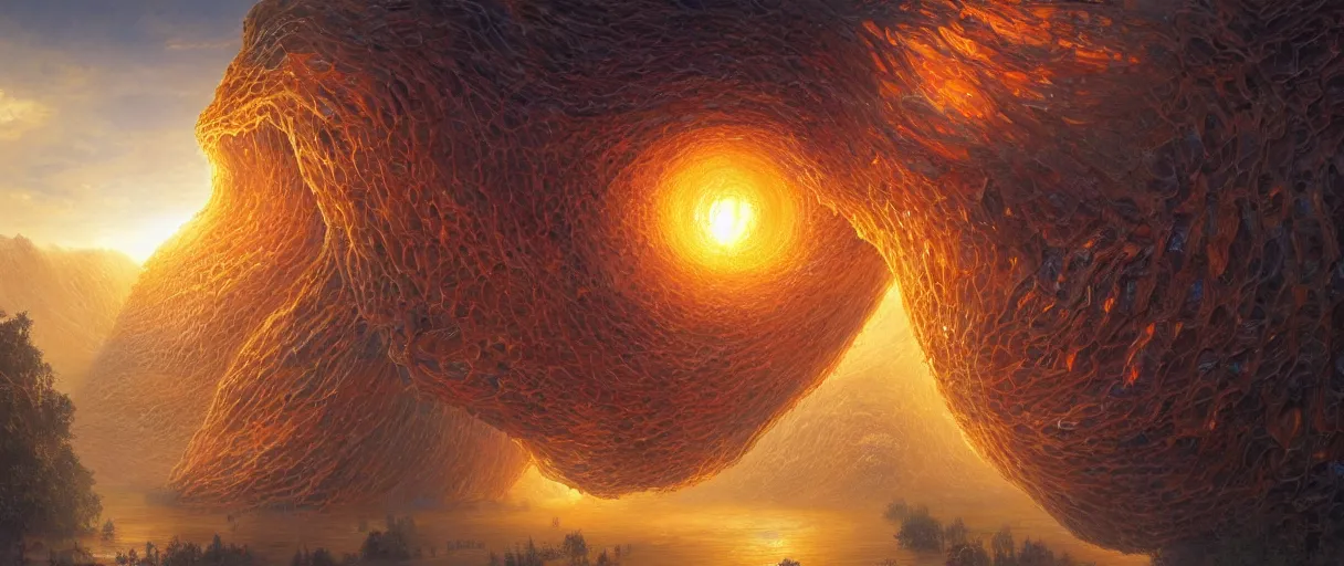 Image similar to A terrifying giant monster made of honey, beautiful atmosphere, god rays, masterpiece digital painting by Alex Grey, Greg Rutkowski, 4k wallpaper