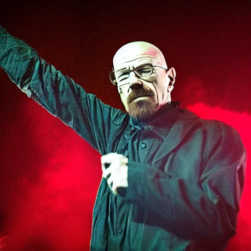 Prompt: Walter white as a rock band member performing live, Stage Photography