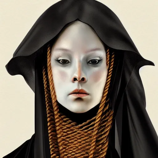 Image similar to portrait of a Shibari rope wrapped face and neck, headshot, insanely nice professional hair style, dramatic hair color, digital painting, of a old 16th century, Black Rubber Nun, amber jewels, baroque, ornate clothing, scifi, realistic, hyper detailed, chiaroscuro, concept art, art by Franz Hals and Jon Foster and Ayami Kojima and Amano and Karol Bak,