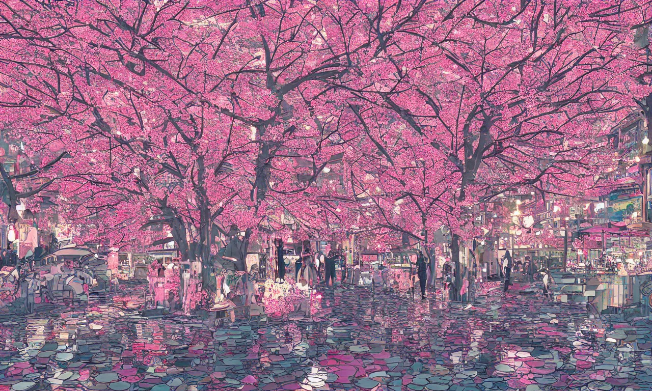 Prompt: twiddle a plopple, cherry blossom, busy cityscape, digital art, 3 d illustration